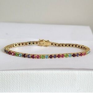 Vintage Rainbow Crystal Boho Tennis Bracelet Gold Toned.